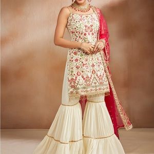 Lashkaraa Off White Multicolor Embroidered Gharara Suit
